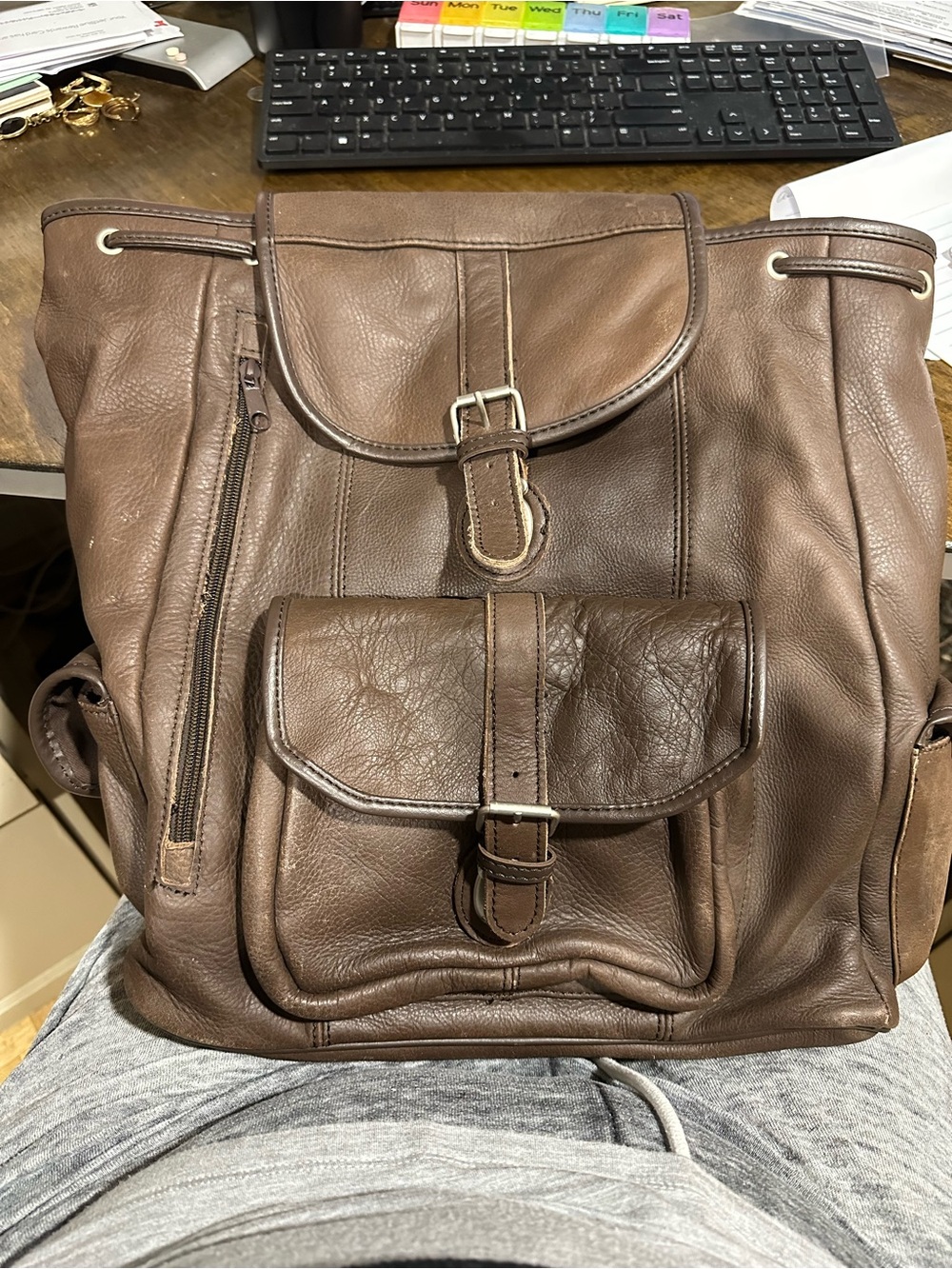 Men's Brown Leather Backpack - Classic Buckle Front
